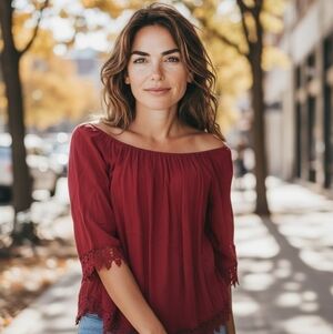 Notations Flowy Loose Red Tunic Bohemian Top Blouse with Lace Trim L